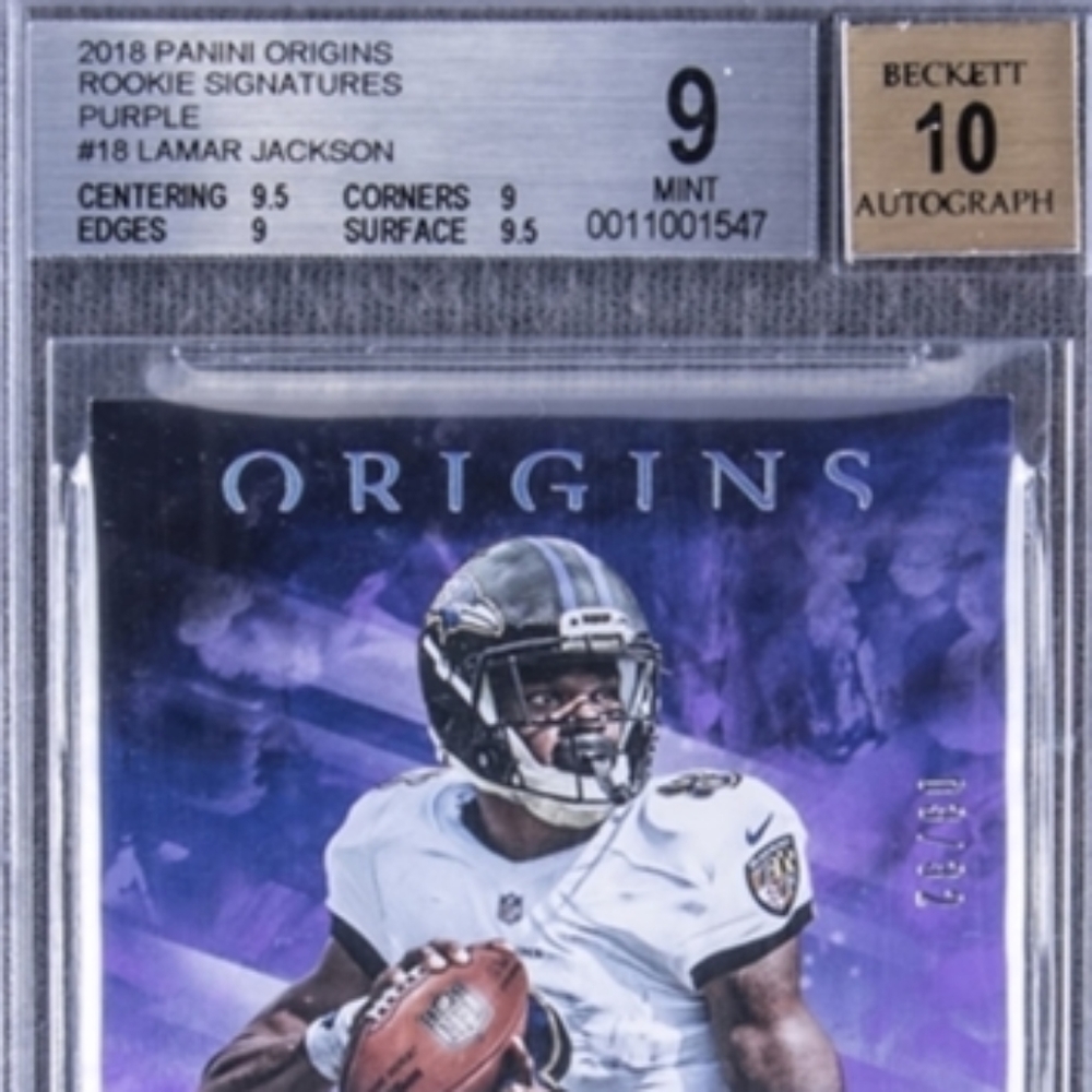 Lamar Jackson autographed and graded Rookie card. Only 1 of 32.